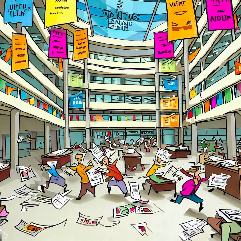 A cartoon of an office with colorful core values banners hanging from the walls while people run around in disarray
