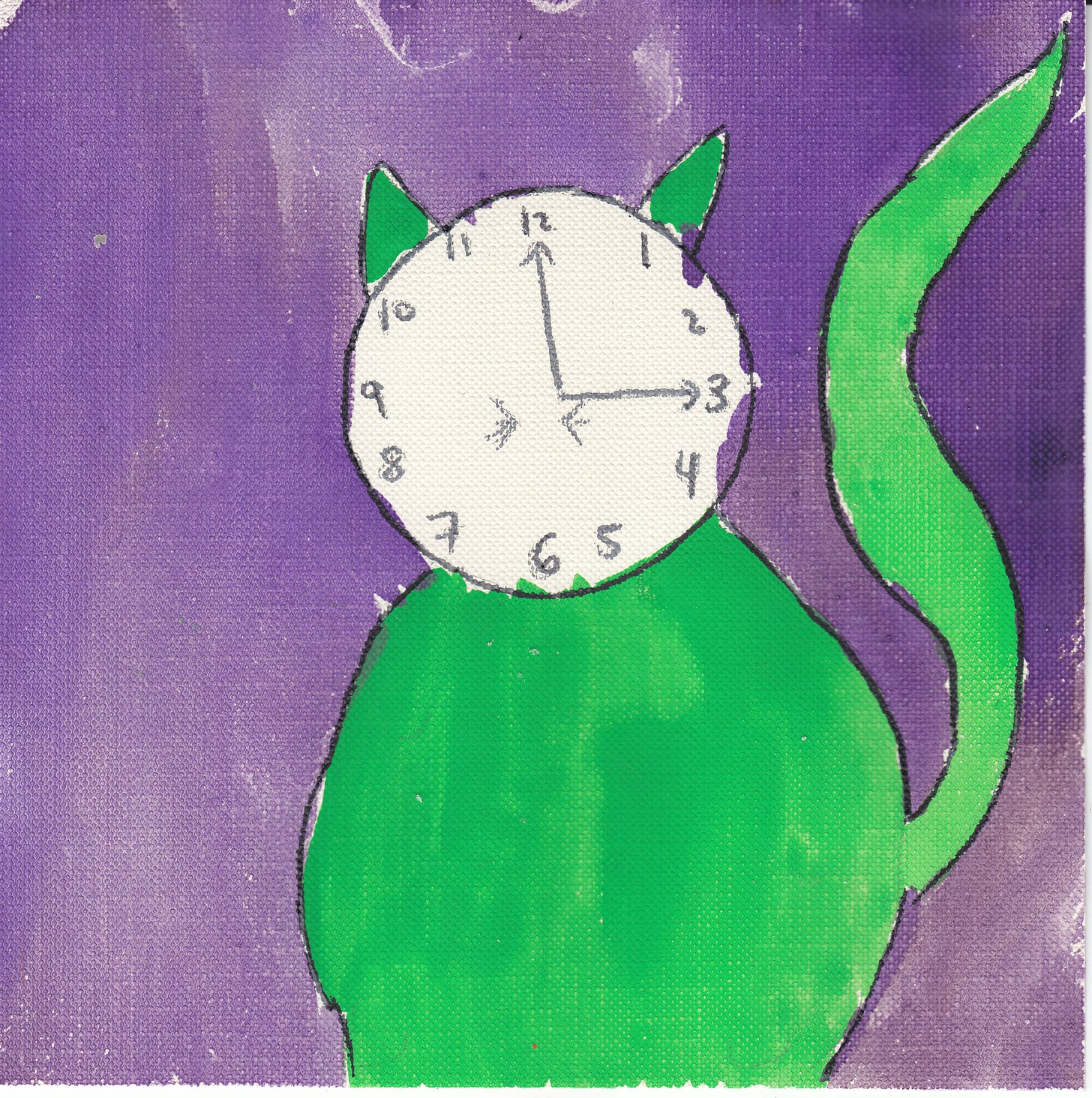 a green cat with a clock face on a purple background