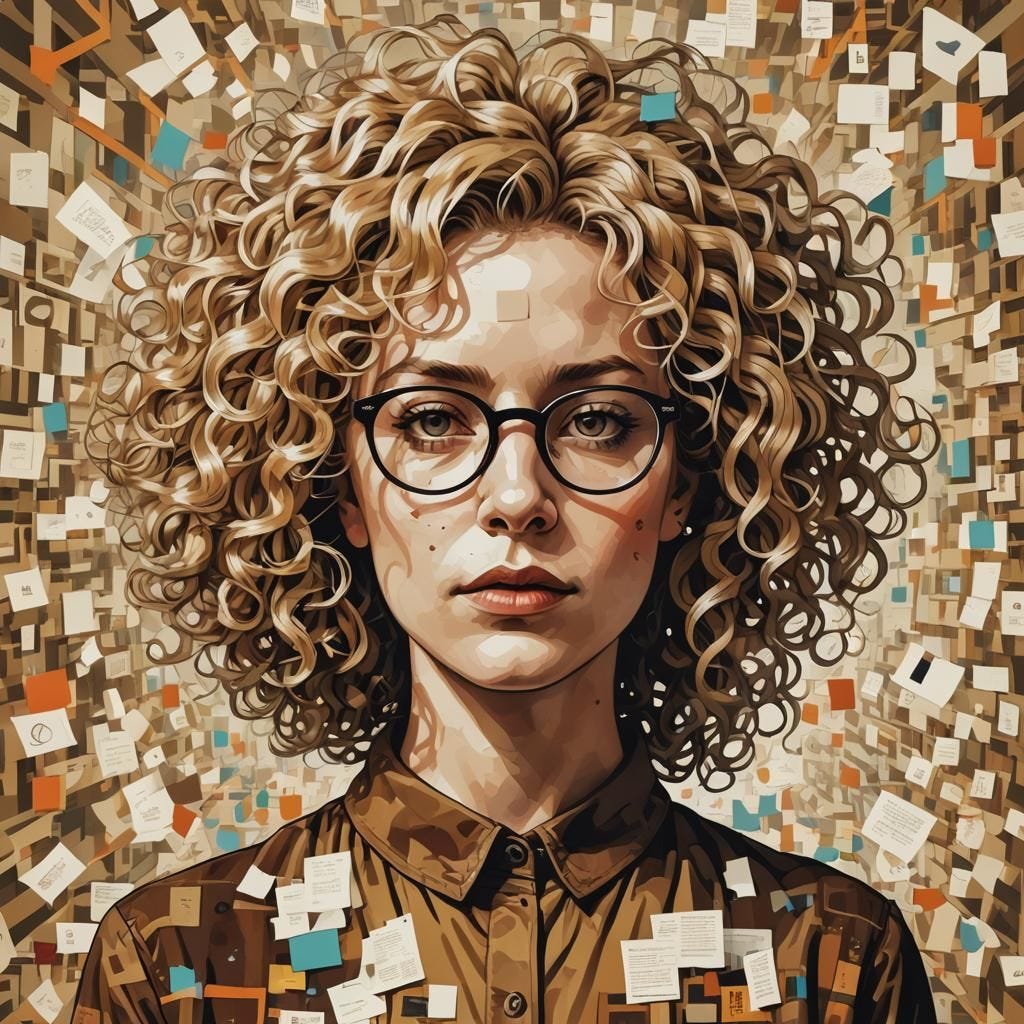 A blond curly haired woman with brown glasses, overwhelmed and frowning, surrounded by floating lists
