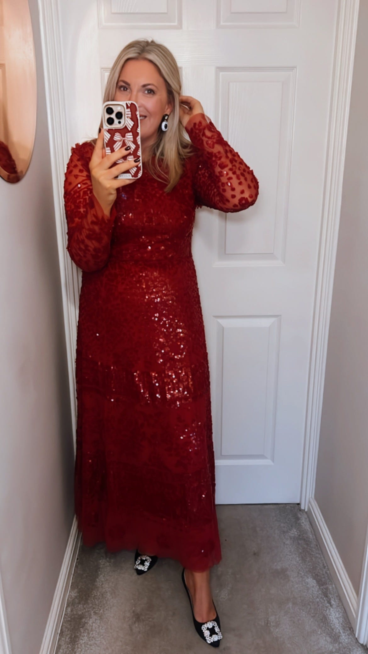 Leanne Bayley from HELLO! wearing Kate Middleton's red sparkly embellished needle and thread dress