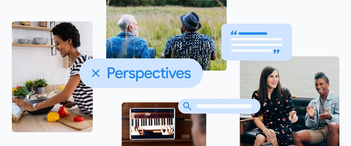 A collage of four photos centered around the concept of sharing and enjoying others’ perspectives: a smiling person in a striped shirt tapping on a tablet while cutting bell peppers; two people talking in a field of grass viewed from behind; two smiling p