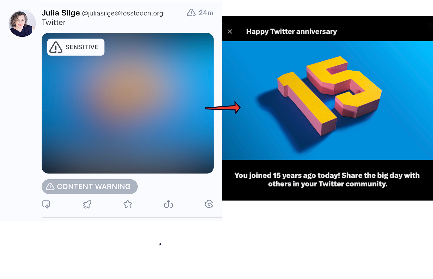 Mastodon post with a "Sensitive" label: hiding a "Happy Twitter anniversary" 