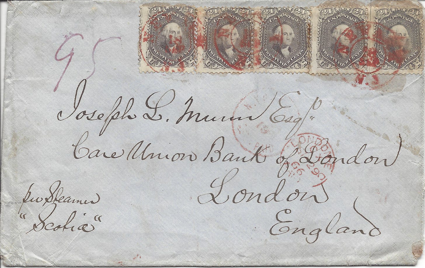 1866 envelope sent from New Jersey to London