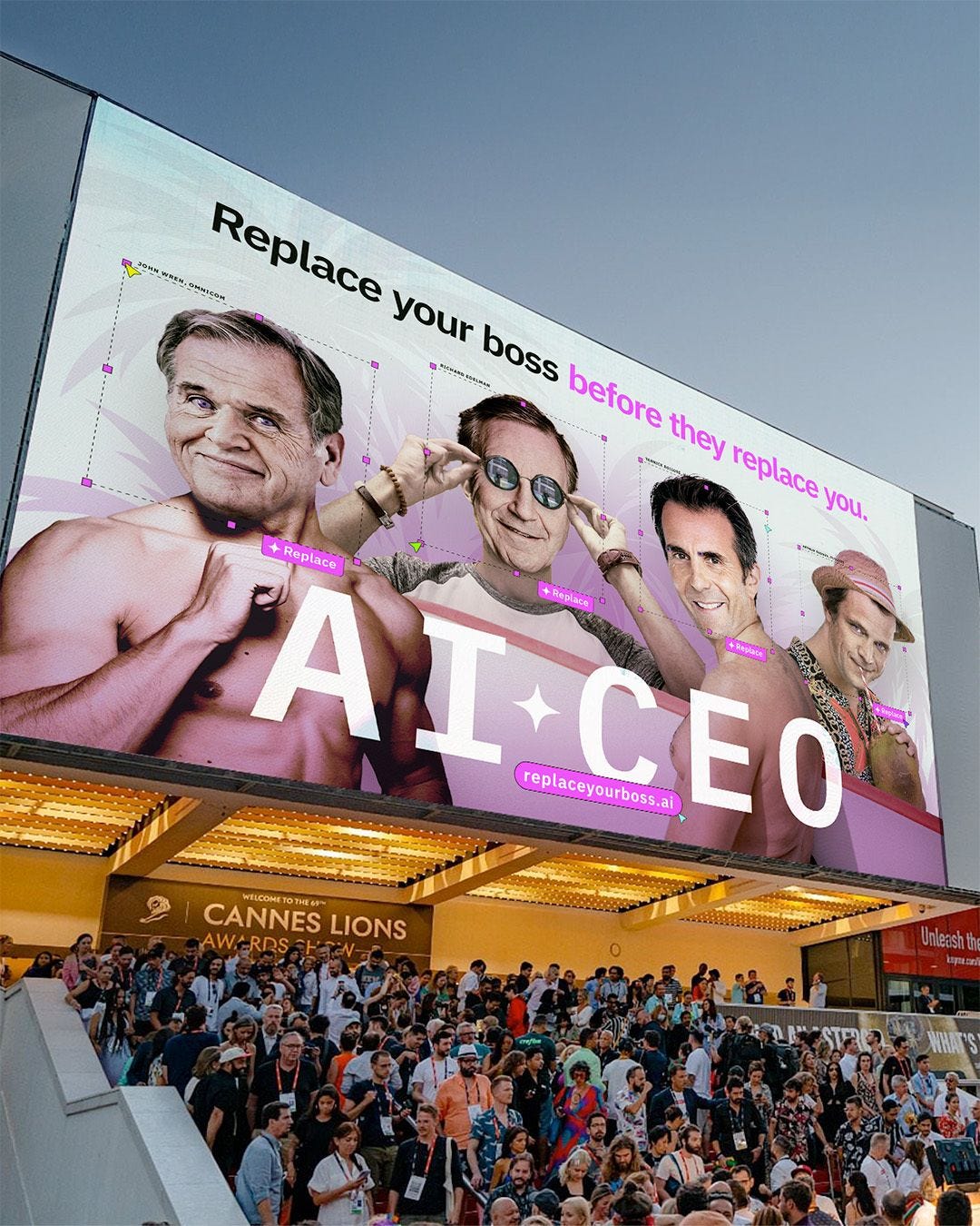 Ad bosses John Wren, Richard Edelman, Yannick Bolloré, Arthur Sadoun, on a poster for an app AI CEO at Cannes Lions
