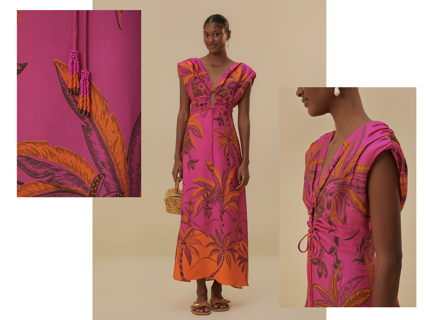 Images of a pink and orange Farm Rio sundress.