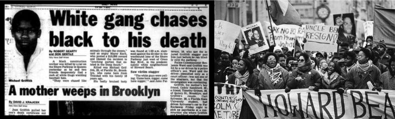 This diptych shows, on the left, a newspaper article titled "White gang chases black to his death"--referring to the Howard Beach incident that occurred on 19 December 1986 in New York City's Howard Beach neighborhood--and, on the right, a black-and-white photograph of one of the street protests that responded to this event.