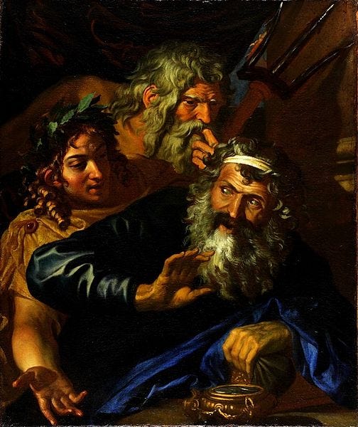 Dark Oil painting of three figures with a bearded man keeping youthfal figures away from money