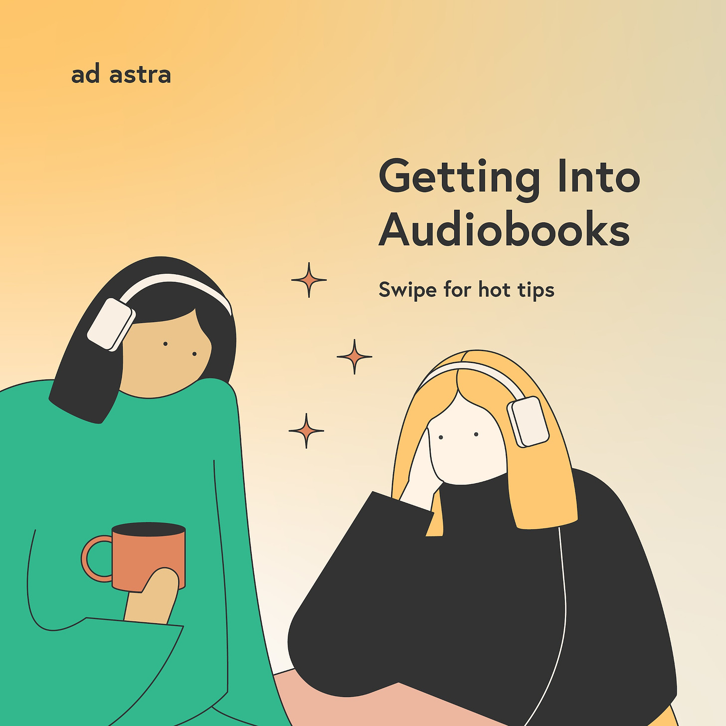 A graphic of two people reading on audio with text reading "How to get into audiobooks."