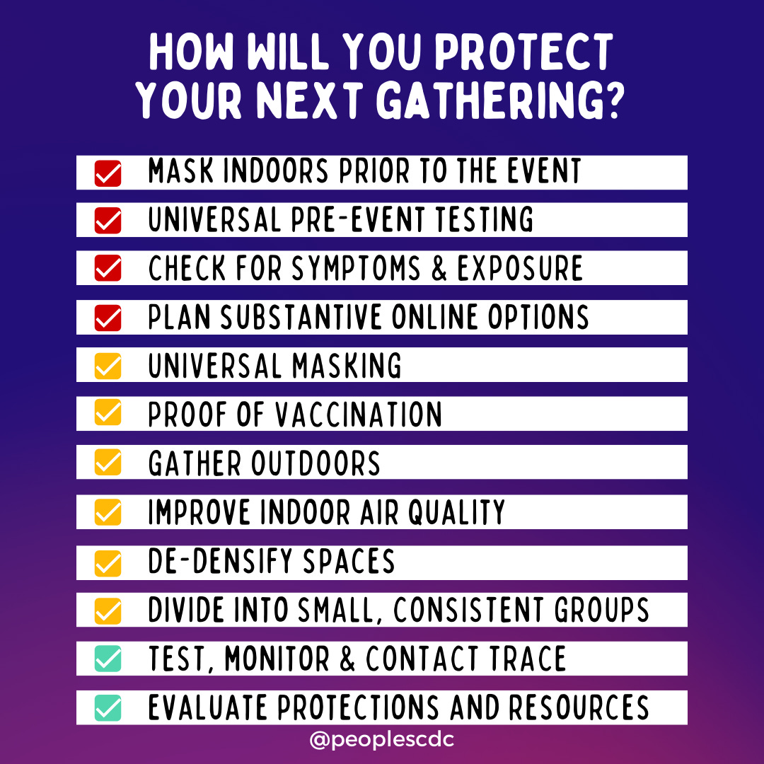 A square graphic with a blue-to-purple background has a title, “How will you protect your next gathering?” with lines of text each with color-coded checkmarks. Red checkmarks: “Mask indoors prior to the event; Universal pre-event testing; Check for symptoms and exposure; Plan substantive online options.” Yellow checkmarks: “Universal masking; Proof of vaccination; Gather outdoors; Improve indoor air quality, De-densify spaces; Divide into small, consistent groups.” Green checkmarks: “Test, monitor and contact tract; Evaluate protections and resources.” “@peoplescdc” appears at the bottom.