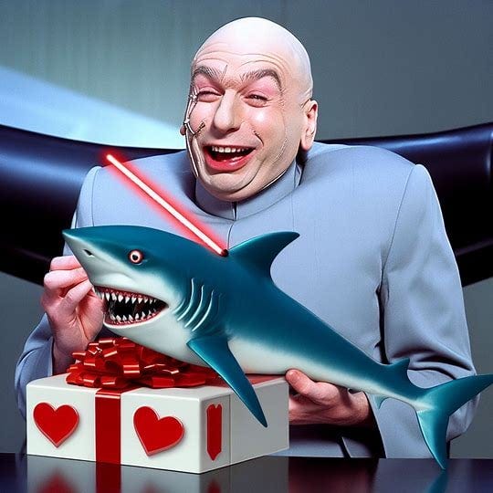 r/weirddalle - Dr. Evil being happy that he got a shark with a laser beam on its head as a gift