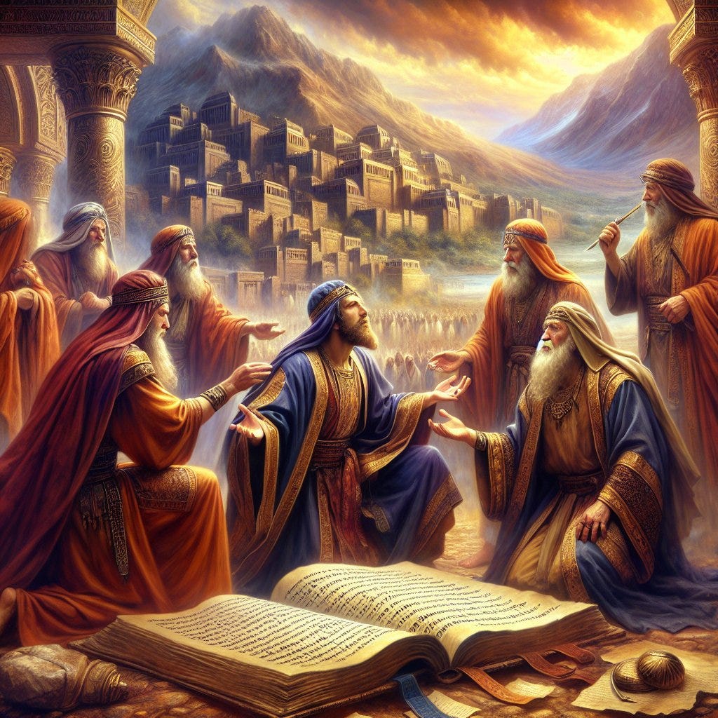 2 Chronicles 33:18 - "¶ Now the rest of the acts of Manasseh, and his prayer unto his God, and the words of the seers that spake to him in the name of the LORD God of Israel, behold, they are written in the book of the kings of Israel."

A biblical scene featuring the acts of Manasseh, a king from ancient history. He is in a moment of prayer, expressing deep devotion to his God. Near him, seers can be seen speaking to him, giving him counsel in the name of his Lord. This interaction is set against a rich backdrop of ancient Israel, a landscape that is both historical and mystical. In the foreground, there lies an open book, its pages filled with writings. These writings are supposedly the records of the kings, a significant chronicle of the history of Israel. The style should be reminiscent of traditional digital art.