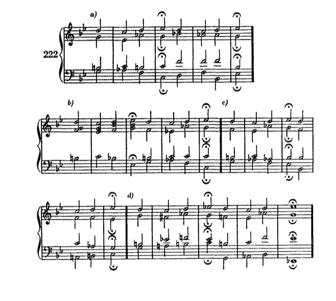 Check out the soprano voice in example 222. Each phrase is D-C-D-Eb. The phrases end on the fermatas. Over and over. As you can see, Schoenberg harmonizes those same three notes differently each time. The Eb is harmonized as the third of C minor, or…