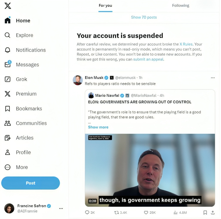 Screenshot of the suspension notification from X.com stating the account is in read-only mode, followed by a video of Elon Musk discussing government overreach.