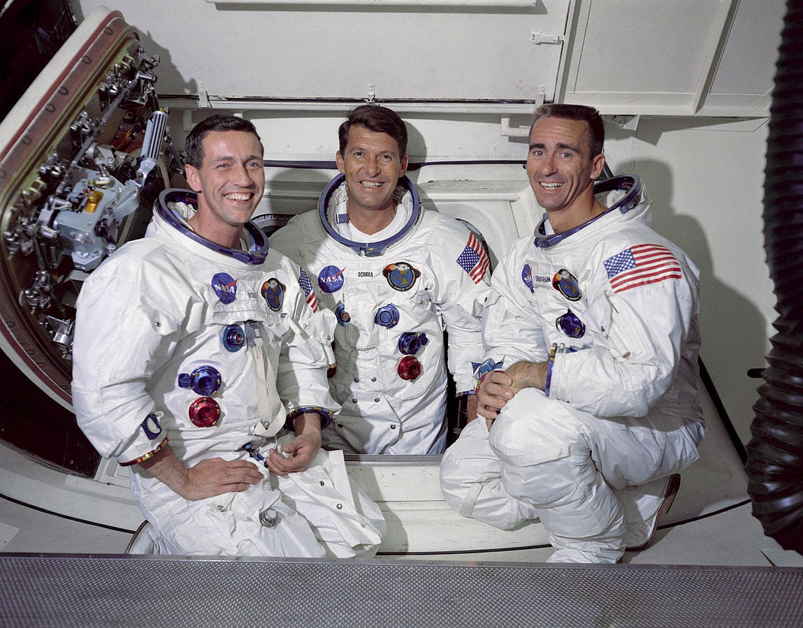 The Apollo 7 crew in their spacesuits.