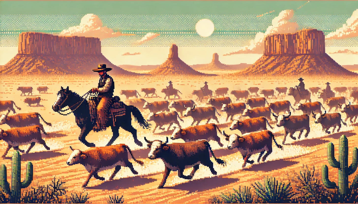 A pixel art image in the style of a 1980s frontier adventure computer game. The scene shows a cowboy herding a group of cattle across a dusty plain. The cowboy rides a horse, wearing a wide-brimmed hat and classic western attire, and is positioned to one side of the herd. The cattle are mid-motion, kicking up dust as they move together. The background features a rugged desert landscape with mesas, sparse vegetation, and a warm, sunlit sky. The overall style uses warm, earthy colors and detailed pixel art, with no modern elements or text.