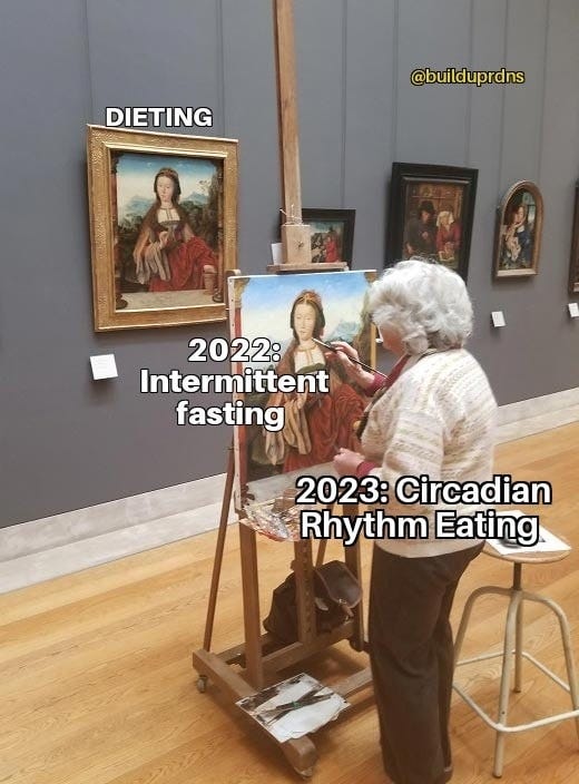 May be an image of 4 people and text that says 'DIETING @builduprdns 2022: Intermittent fasting 2023: Circadian Rhythm Eating'