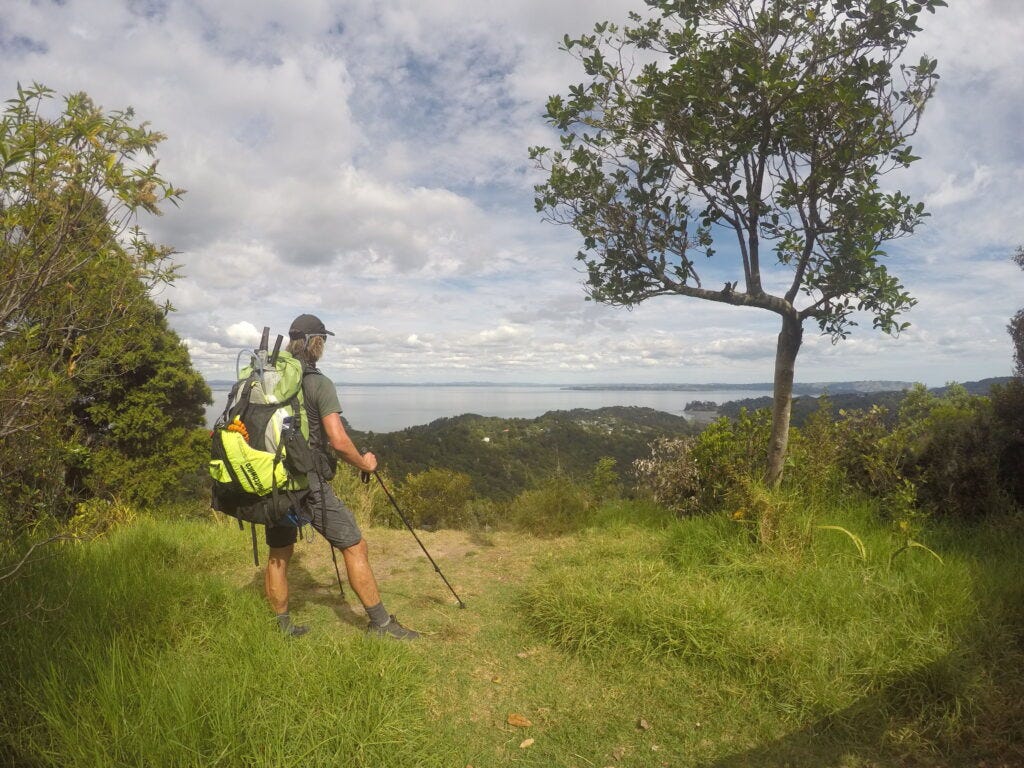 Dunc Wilson and giant pack stare pensively over the Manukau Harbour