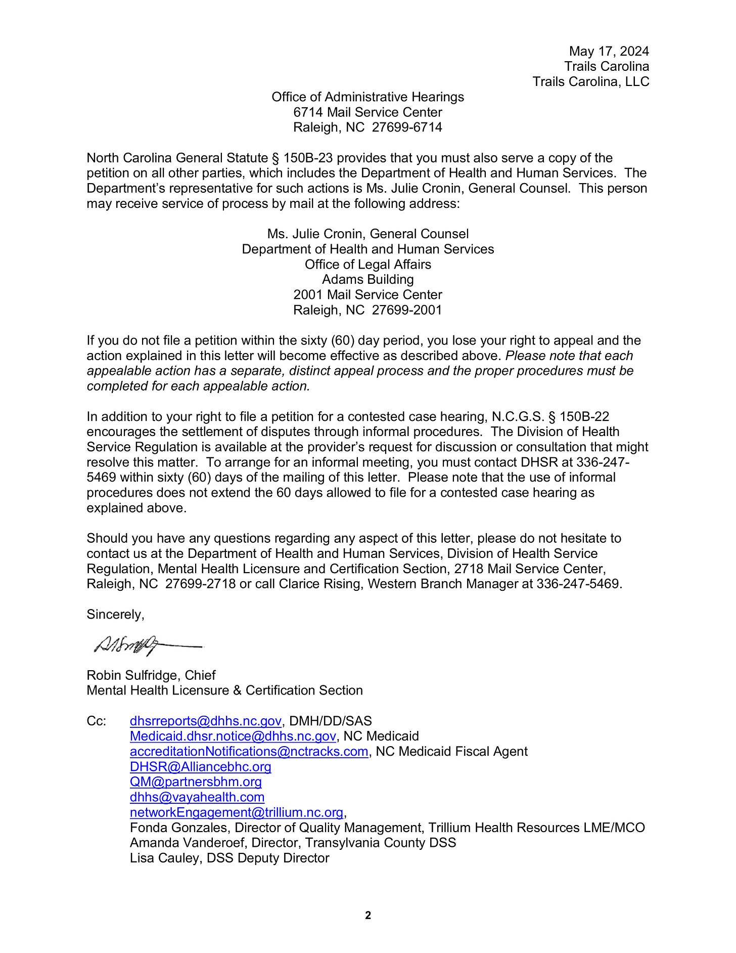 The second page of the "NC DEPARTMENT OF HEALTH AND HUMAN SERVICES" letter initiating the revocation of Trails Carolina's license (full P.D.F. is available at the bottom of this article)