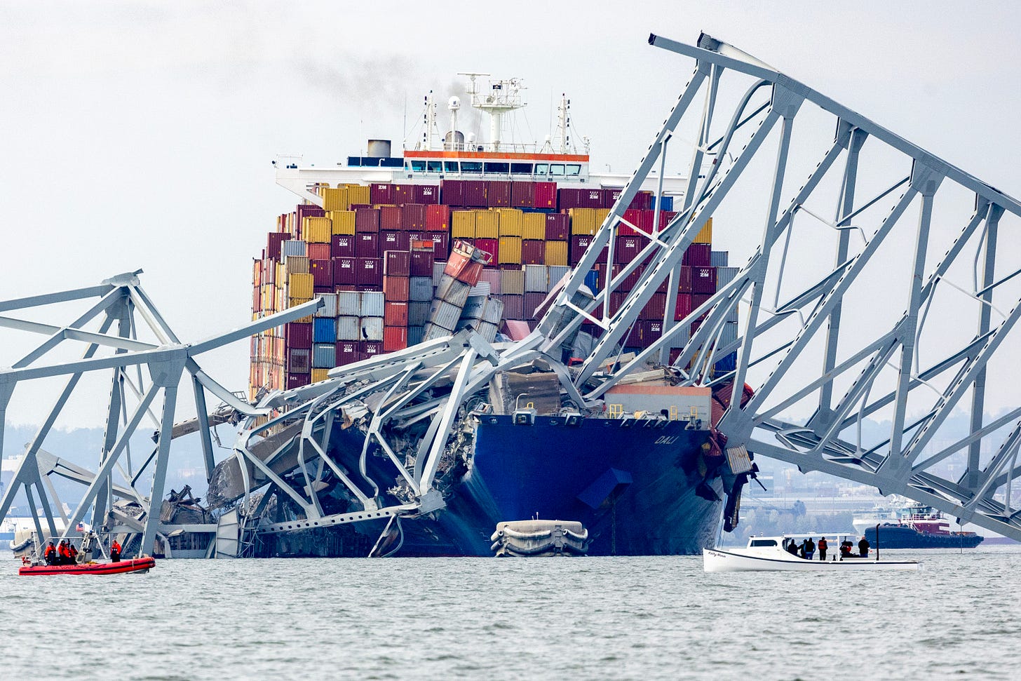 The cargo ship Dali sits in the water after running into and collapsing the Francis Scott Key Bridge on March 26, 2024 in Baltimore, Maryland. (Photo by Tasos Katopodis/Getty Images.)