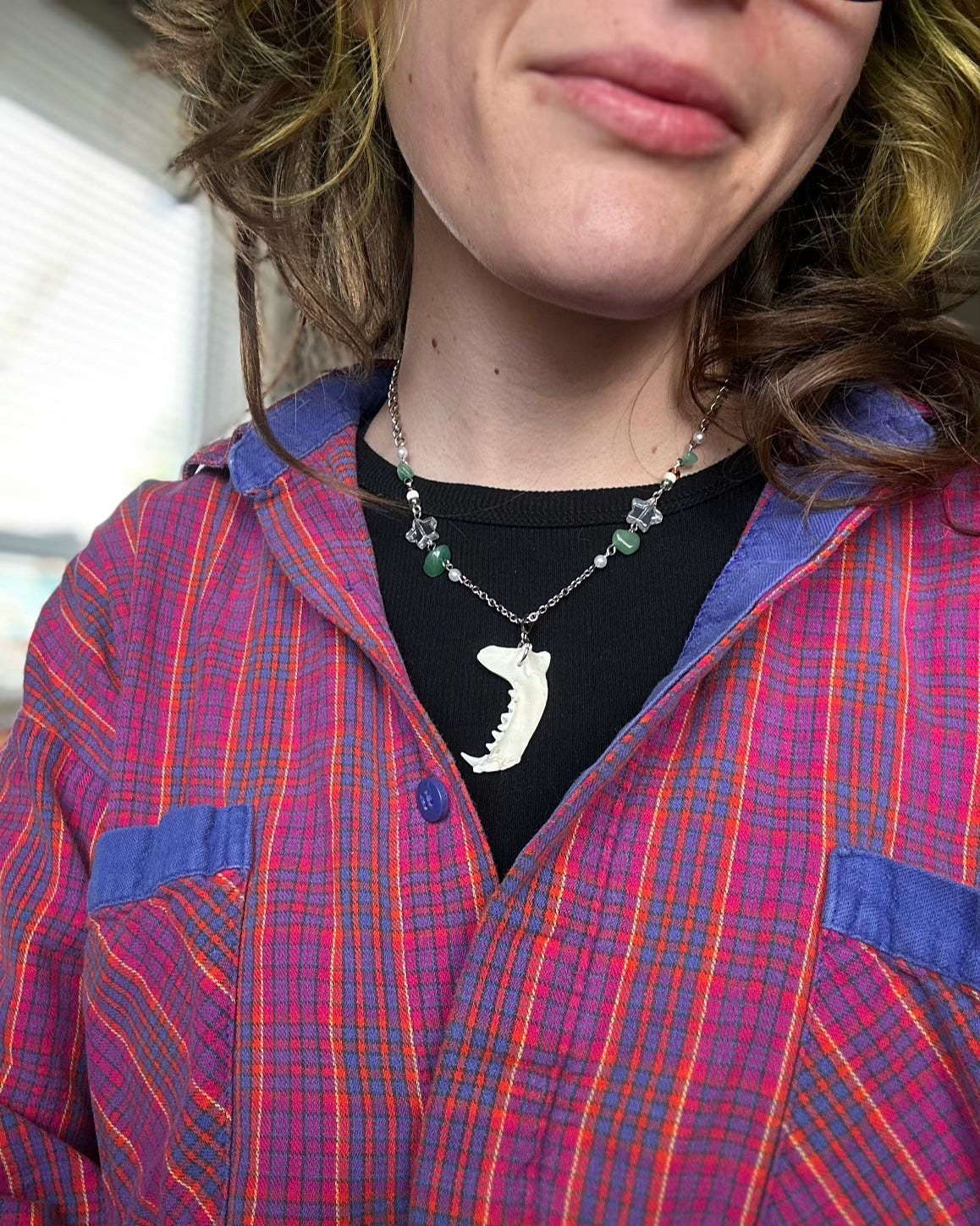 Close up of a person wearing a necklace made of thin cable chain, a variety of beads, and a skunk jaw pendant.