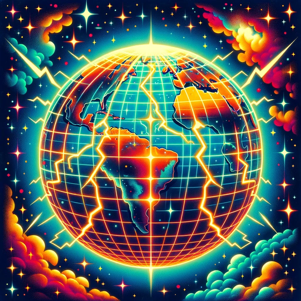 Illustrate the Earth surrounded by a grid of electricity in the style of 1970s science fiction, with a focus on making the grid glow prominently. The Earth should have vintage, retro-futuristic details typical of 70s sci-fi, including bold, psychedelic colors and dramatic lighting. The electricity grid should be visually striking, featuring stylized, angular lightning bolts that glow intensely, radiating a bright, neon-like light. The background should capture the essence of 1970s space art, with star fields, nebulae, and celestial elements in vibrant, surreal colors, enhancing the glowing effect of the grid.