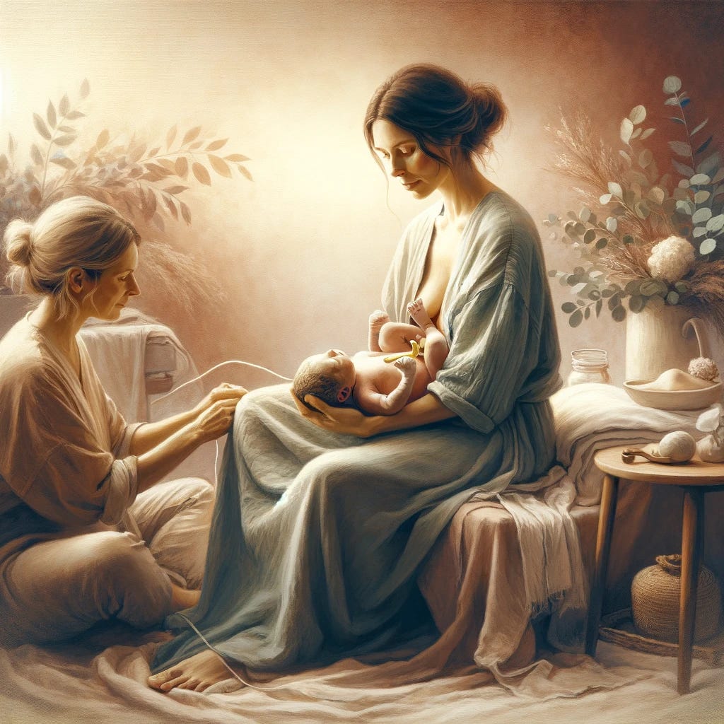 An artistic representation of a serene birthing room scene. The mother is sitting comfortably on a bed, supported by her partner, holding a newborn baby in her arms with the umbilical cord still connected. The scene is softly lit with warm, peaceful tones. Natural elements like plants and soft textiles surround them, adding to the nurturing atmosphere. The midwife, exuding calm and competence, attentively assists. The style should be painterly, with soft brushstrokes and an emphasis on the emotional connection between the mother, baby, and midwife.