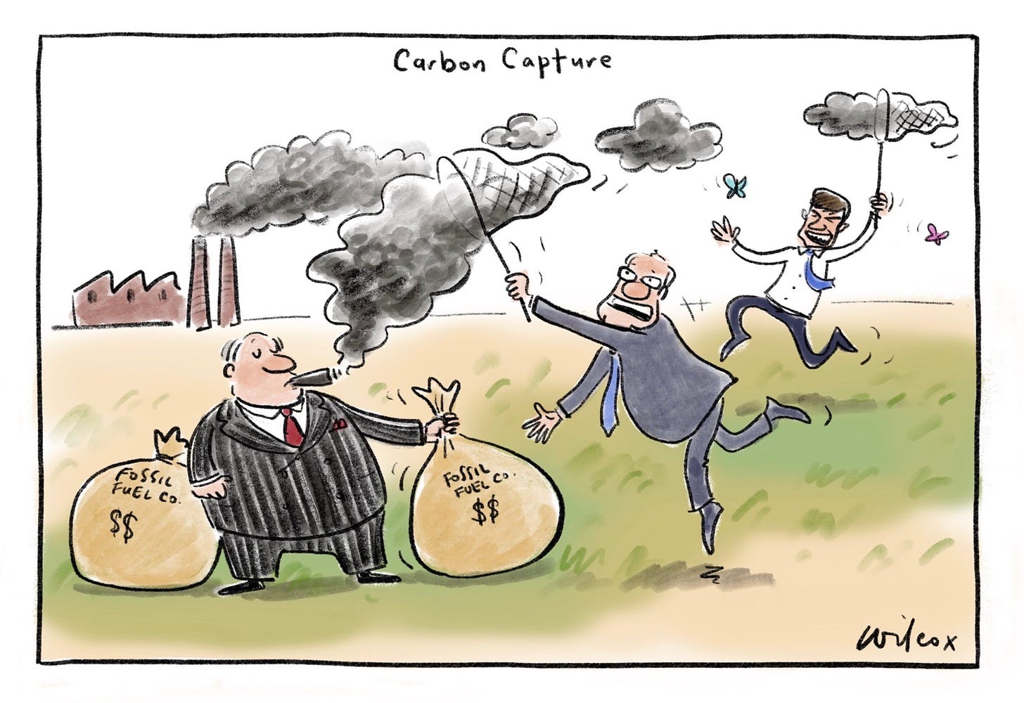 Cartoon of fossil fuel executive holding bags of profit while politicians try to capture emissions with nets