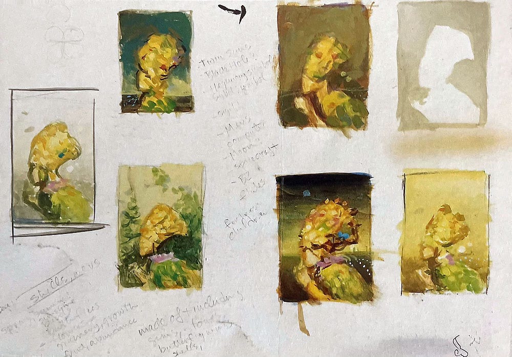 7 thumbnails sketches sample different yellow green color combinations. In the columns between, illegible artist notes are scribbled.