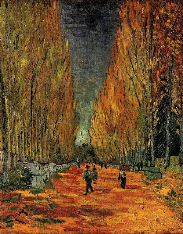 an autumn painting of people walking beneath a row of trees