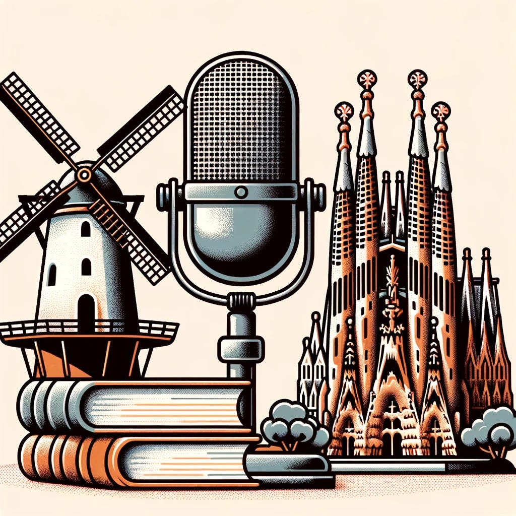 Illustration of a Dutch windmill on the left and the Sagrada Família from Catalonia on the right. In the middle, there's a large vintage microphone with two books written in Dutch and another book in Catalan stacked beside it, representing the podcast topic.