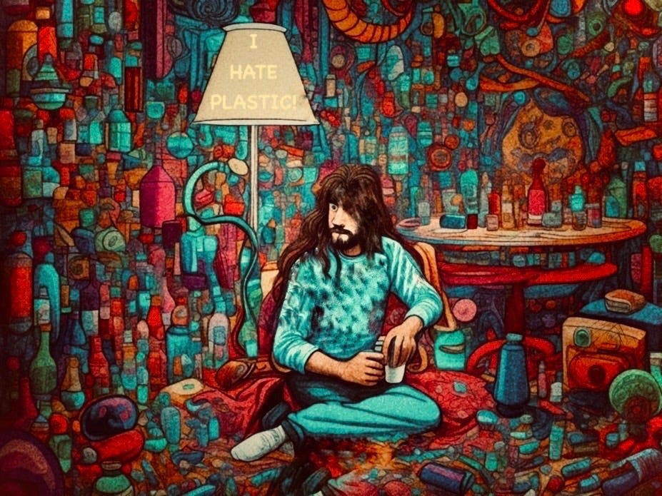 man with long hair staring at a room full of plastic bottles