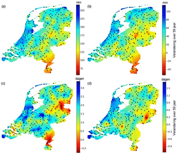 Afb. 1: Veranderingen in vier neerslagkarakteristieken gedurende de periode 1951-2009: (a) jaarneerslag (mm);(b) neerslag in het zomerhalfjaar (mm); (c) aantal dagen per jaar met meer dan 20 mm neerslag; (d) aantal dagen per jaar met meer dan 30 mm neersl