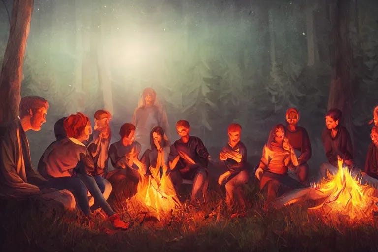 a small group of people stand around a campfire, | Stable Diffusion |  OpenArt