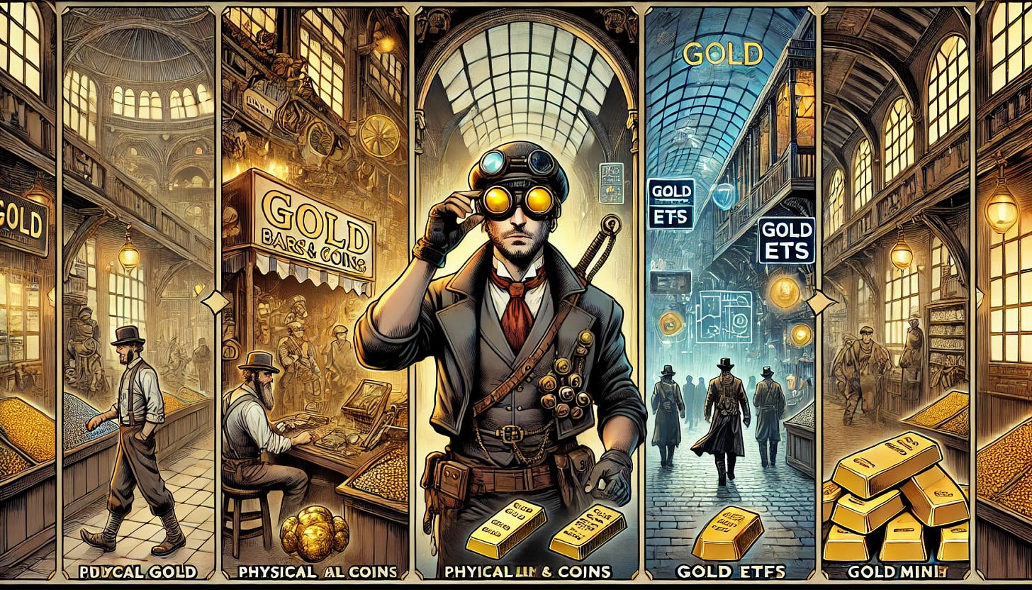 A steampunk comic-style scene set in a grand market resembling the Grand Bazaar of Turkey. A well-dressed adventurer with goggles and a mechanical arm walks through the bustling marketplace, searching for gold. In front of them, four distinct paths appear, each representing a different way to buy gold: a merchant selling physical gold bars and coins, a futuristic trading booth offering gold futures contracts, a digital kiosk promoting gold ETFs, and a steampunk factory representing gold mining companies. The atmosphere is filled with steam-powered machinery, glowing brass lamps, and traders in Victorian-era attire. The scene is dynamic and immersive, with intricate details showcasing the options available in the gold market. The image is in a wide banner format.