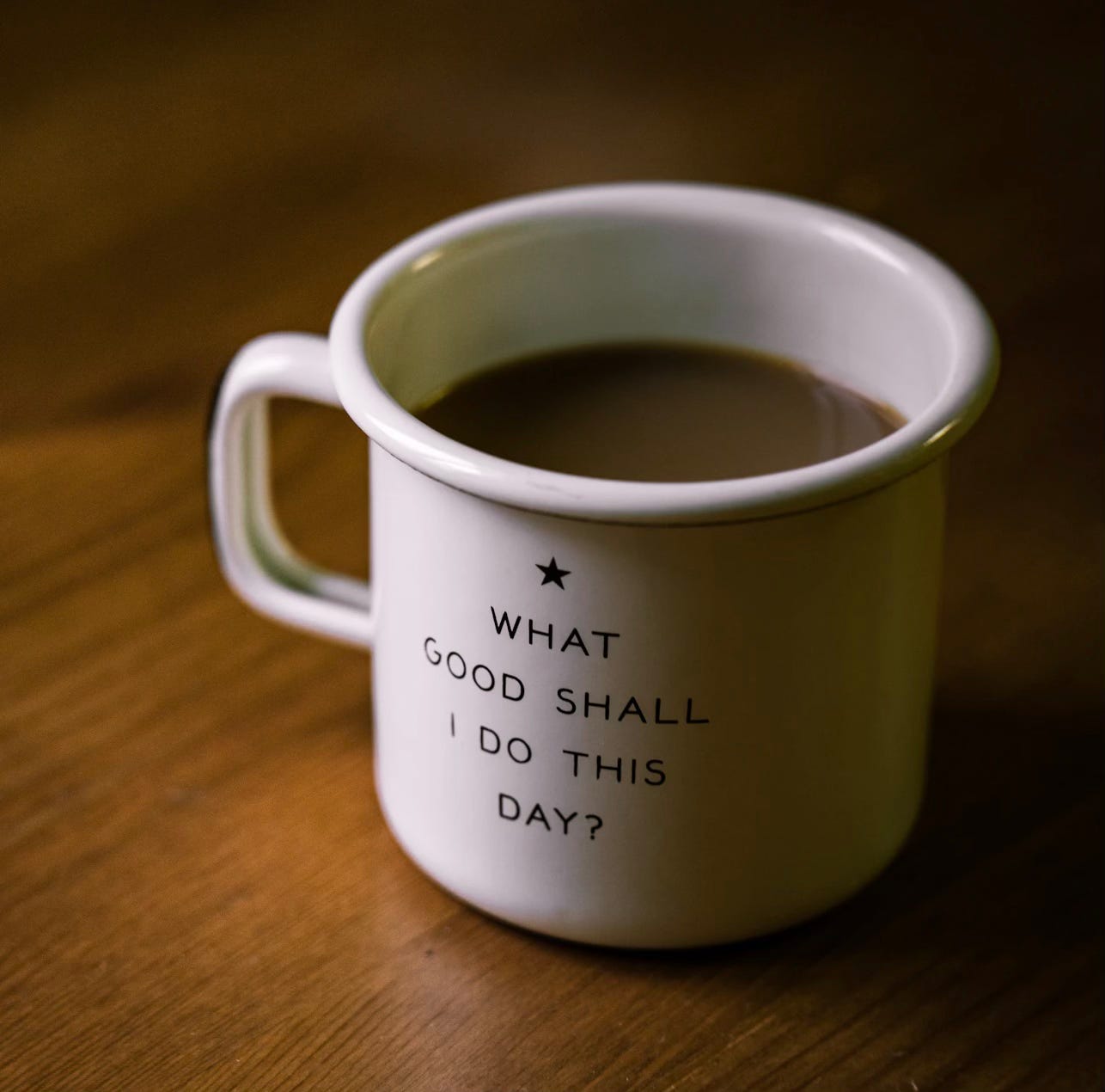 Coffee mug that says, "What good shall I do this day?"