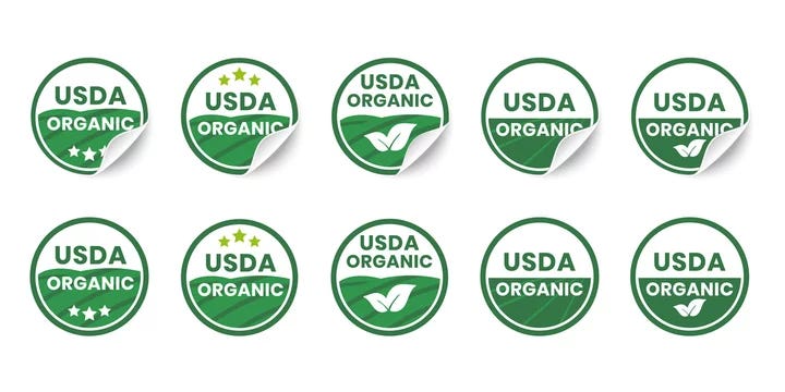 USDA organic certified icons. Set of realistic stickers with rolled up  corners. Round organic certification labels with curled edges. Vector  illustration Stock Vector | Adobe Stock