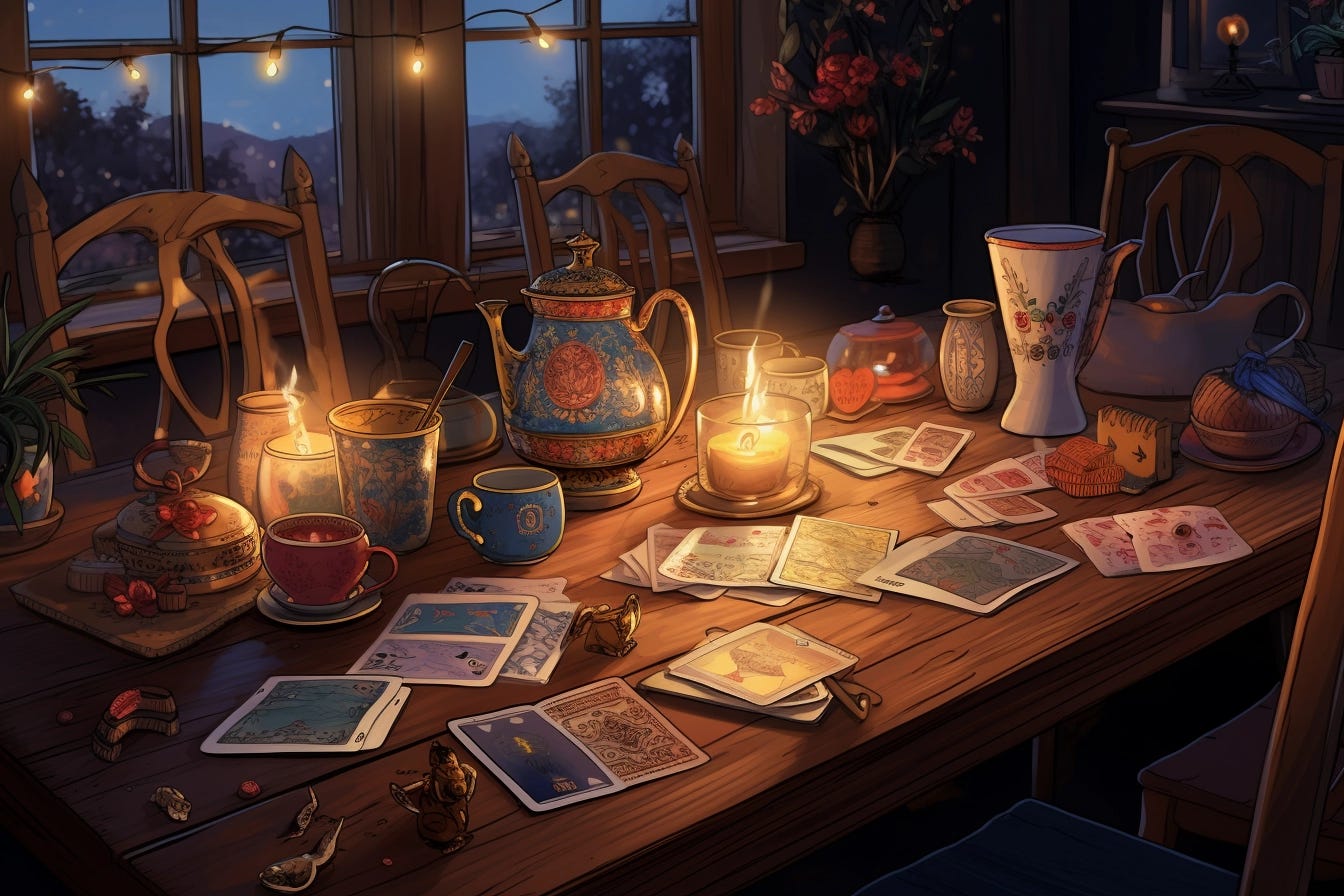 An illustration of a wooden table and strewn over it's surface are myriad tea cups, tea pots, lit candles, and pratty tarot like cards. In th background is a window, it is night outside, and there are fairy lights strung across the window. The mood is warm and cozy.