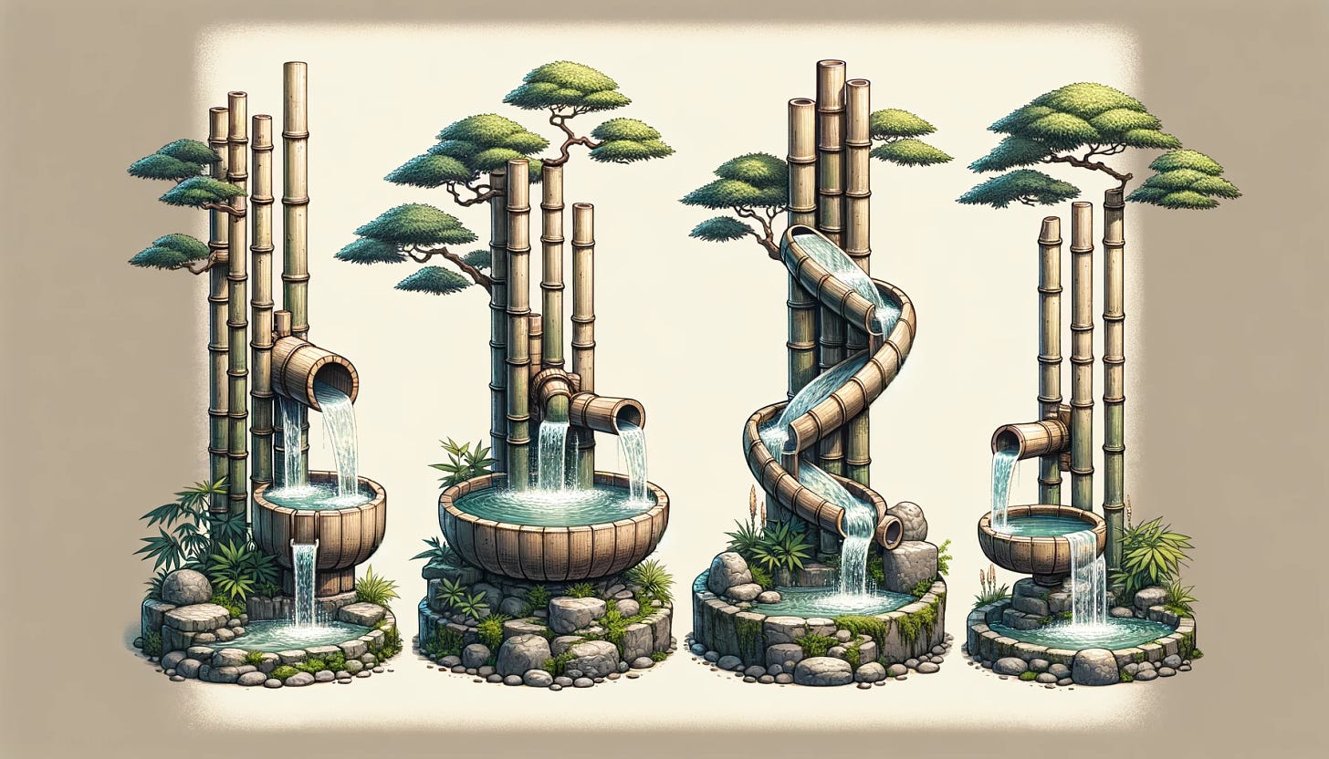 A series of 2-3 digital illustrations of a tiered waterfall fountain made from bamboo, in a tranquil garden setting. The first bamboo pipe is the highest, from which water flows into a medium-height bamboo, and then from the medium pipe, the water cascades down into the lowest bamboo pipe. Finally, from the lowest bamboo, water spills into a Zen-like pond or fountain below. The garden is serene, with traditional elements such as smooth stones, lush moss, and perhaps a few Japanese maples or ferns. The images should convey the peaceful and rhythmic sound of water moving through this natural fountain, with each bamboo joint and falling water droplet captured in detail.