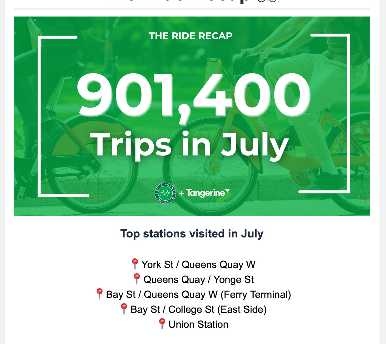 Bike Share graphic touting 901,440 trips in July