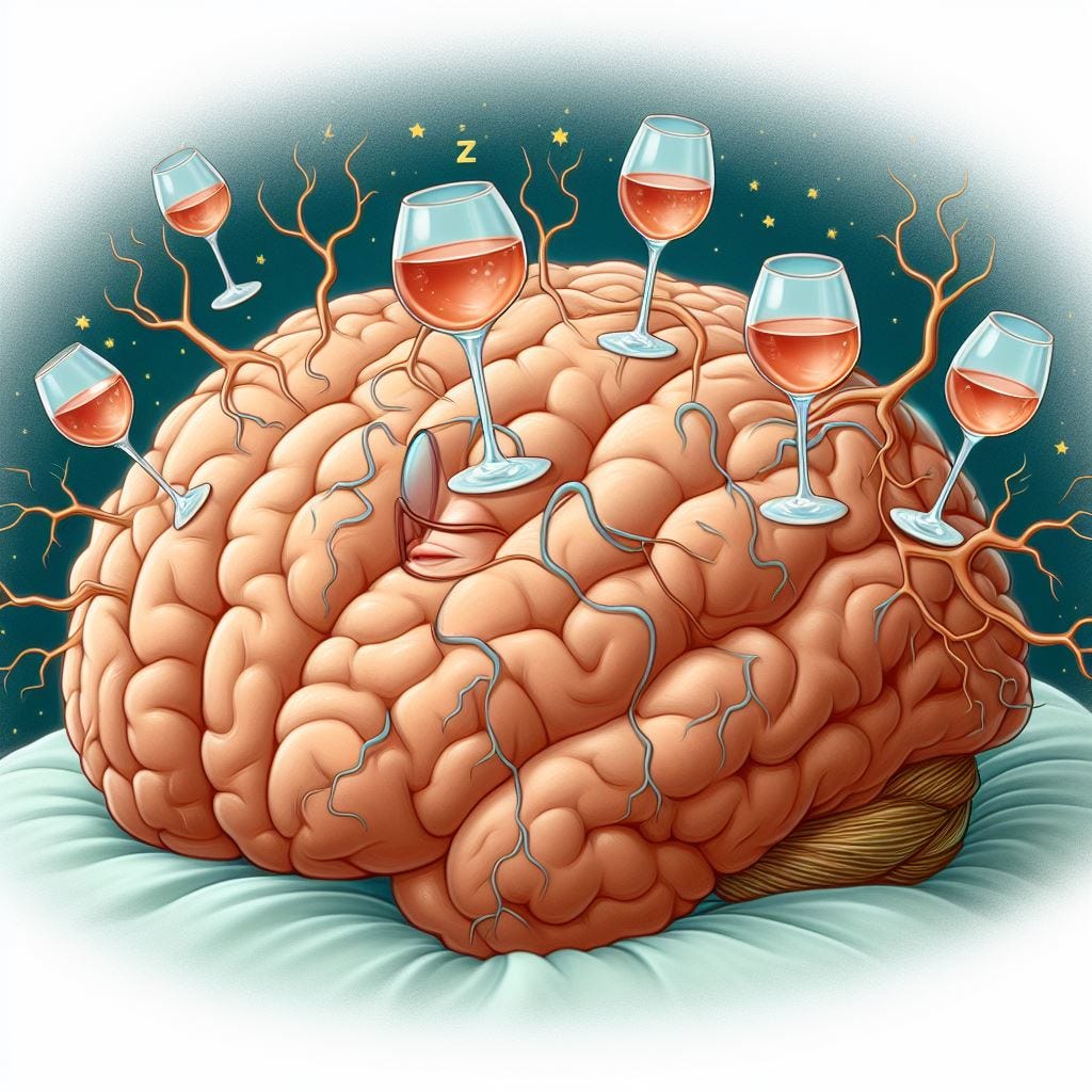 A sleeping brain with neurons shaped like glasses of wine