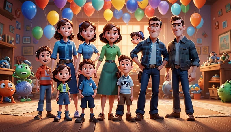 A Pixar family standing in a room with balloons and toys