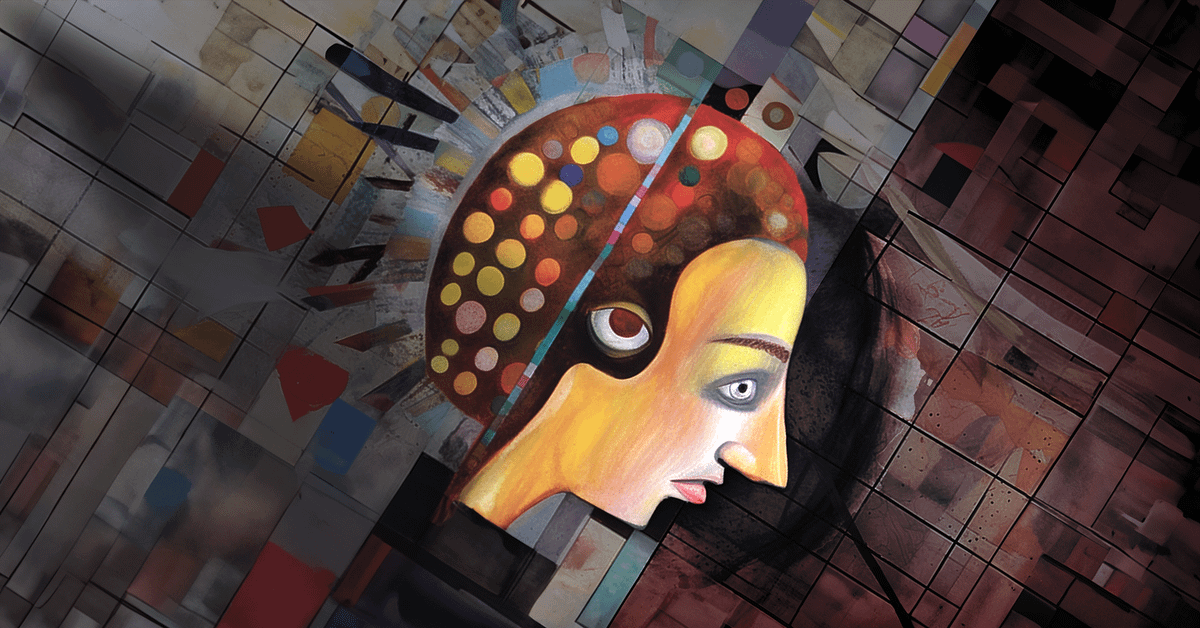 The original digital illustration by the author, “Banging Heads,” portrays a cubist rendition of a young person in a moment of intense expression. The face is captured mid-motion, as if in contact with an unseen barrier, emphasizing a sense of impact. The style is abstract, with geometric shapes and contrasting colors fragmenting the image, which may symbolize the inner turmoil and frustration often experienced by those on the autism spectrum when confronted with overwhelming situations. The use of cubism reflects the multifaceted nature of such experiences, conveying both the complexity and the intensity of the moment.