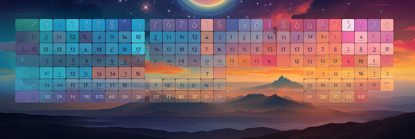The image is a digital art piece featuring a calendar layout with a background transitioning from dawn to dusk. The calendar is composed of keys and numeric codes in various colors, resembling a futuristic interface. The scene is set against a picturesque landscape with mountains and a sky that changes colors from cool blues to warm oranges and purples, suggesting different times of the day. Stars and a planet-like celestial body are visible in the sky above.