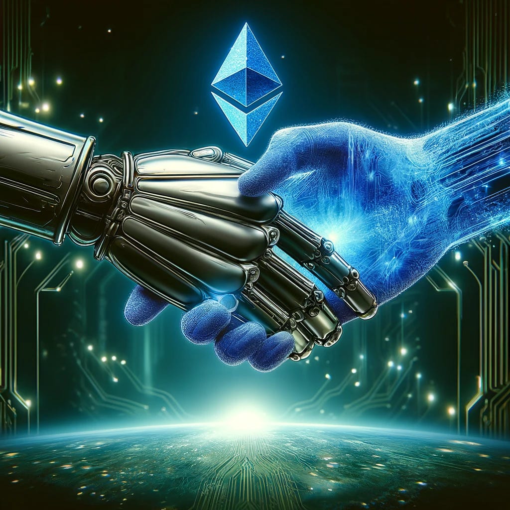Imagine a futuristic cypherpunk scene where two robots are engaging in a symbolic handshake to represent a partnership. One robot's hand is sleek and metallic, reflecting the advanced technology and industrial strength of its origin. The other hand is a vibrant blue, glowing with energy and infused with digital patterns that suggest a deep connection to the Ethereum blockchain. These robotic hands meet in a dynamic and cool handshake against a backdrop of digital data streams and neon lights, symbolizing the fusion of technology and decentralized finance. This image is rich in detail, capturing the essence of a groundbreaking partnership in the realm of digital currencies and blockchain technology.