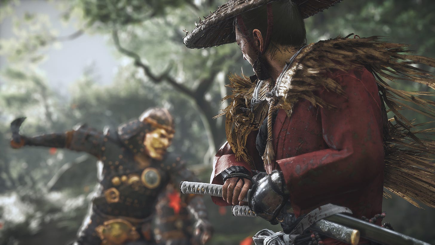 Jin from Ghost of Tsushima readying his sword to strike.
