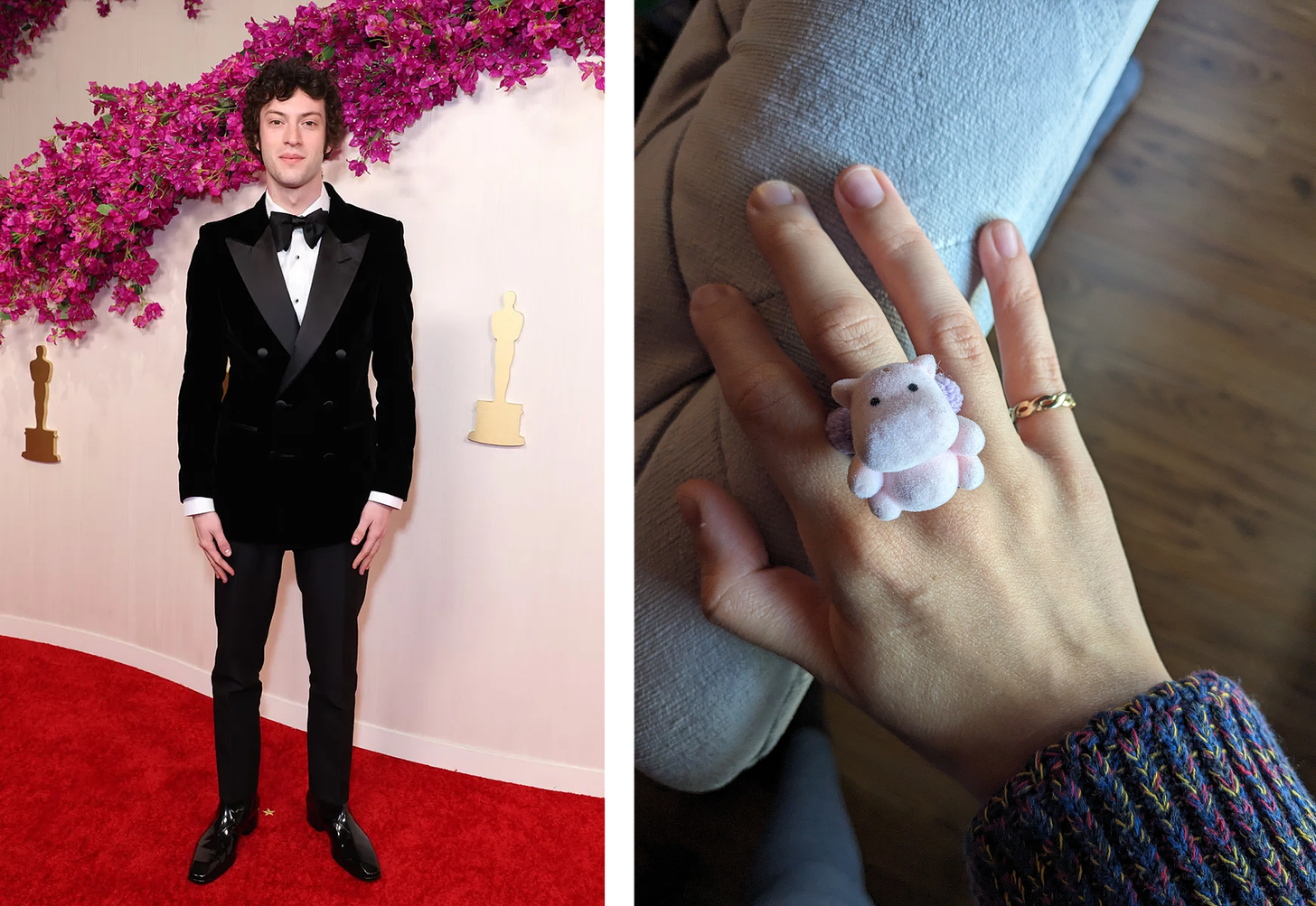 Left: Dominic Sessa in a double-breasted velvety suit and bow tie. Right: a pale pink fuzzy hippo on a lavender hair tie, displayed on a finger.