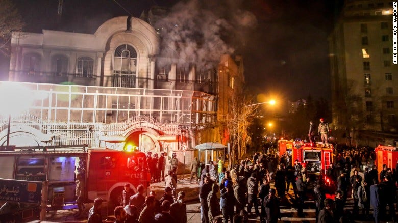 Protesters set fire to the Saudi Embassy in Tehran on Saturday, January 2, during a demonstration against the execution of prominent Shiite Muslim cleric Nimr al-Nimr by Saudi authorities. Nimr was a driving force of the protests that broke out in 2011 in Saudi Arabia&#39;s east, an oil-rich region where the Shiite minority of an estimated 2 million people complains of marginalization. 