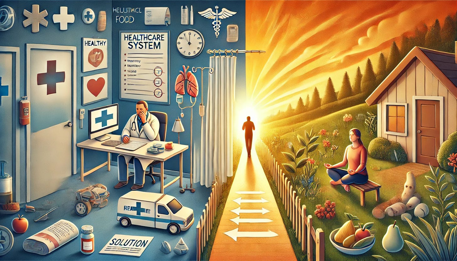 A visually compelling image illustrating the contrast between the current healthcare system and personal wellness habits. On one side, show a doctor’s office with medical equipment, insurance forms, and a patient looking overwhelmed or frustrated. On the other side, depict a person outdoors or in a home setting engaging in positive habits: preparing healthy food, walking, meditating, or sleeping peacefully. Between these two scenes, show a symbolic representation of choice—a fork in the road or a pathway that bridges both, indicating that wellness is built through everyday decisions. Incorporate a light, optimistic tone on the wellness side to emphasize empowerment and personal control. Use warm, vibrant colors to bring the solution side to life.