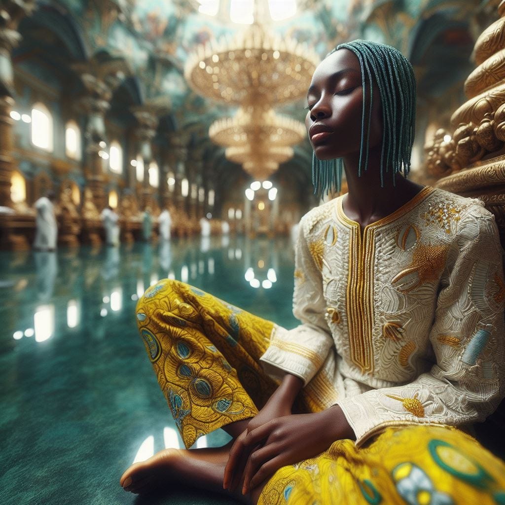 hyper realistic ;tiltshift; vast distance. nigerian woman, head tilted to the side in serenity. in a shirt covered in  ivory and yellow and green/ prussian blue mariposa . mong pattern embroidered on shirt and pants in a vibrant yellow color .mono pattern embroidered on it. bare feet. maia chandelier. inside of Kailasha Temple dedicated to Lord Shiva in Kalugumalai, water