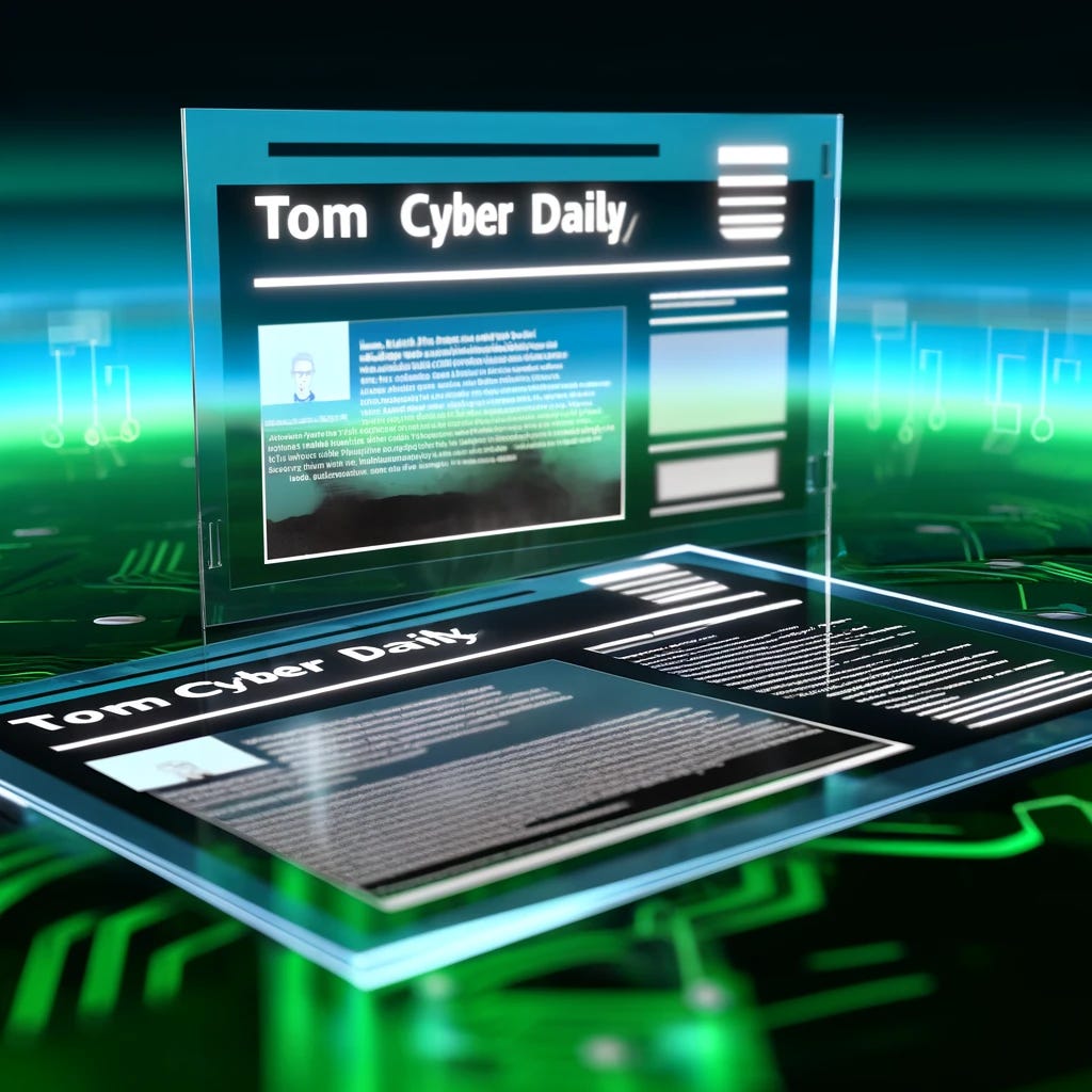 A 3D image of a sleek, modern cyber newsletter titled 'Tom Cyber Daily'. The newsletter appears on a floating digital screen with holographic elements. The background is filled with futuristic cyber graphics, including circuits, binary code, and digital waves. The screen displays headlines, charts, and snippets of articles related to cybersecurity. The overall scene has a high-tech, advanced feel with glowing blue and green tones, emphasizing the cutting-edge nature of the content.